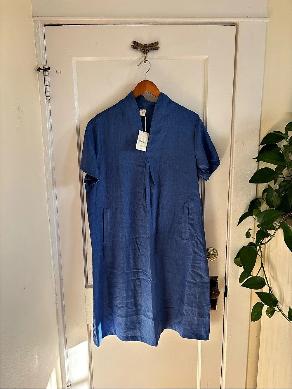 LINTICO 100% Linen Shawl Collar Midi Shift Dress Blue Lagenlook Size XLarge